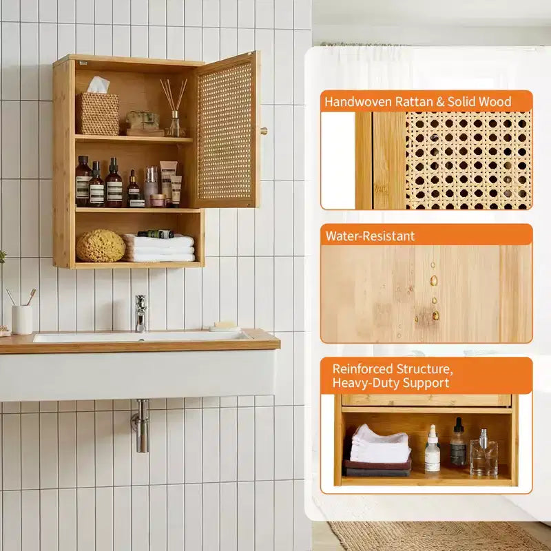 Mobiletto da parete in bambù naturale/bianco con ante in rattan – Sopra il WC, monolocale