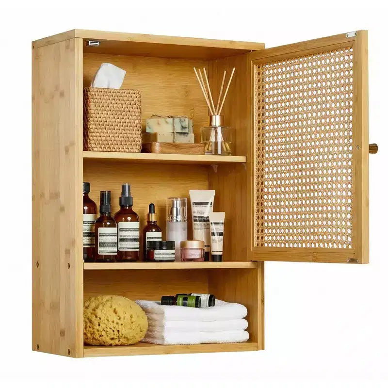 Mobiletto da parete in bambù naturale/bianco con ante in rattan – Sopra il WC, monolocale