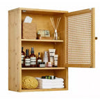 Mobiletto da parete in bambù naturale/bianco con ante in rattan – Sopra il WC, monolocale
