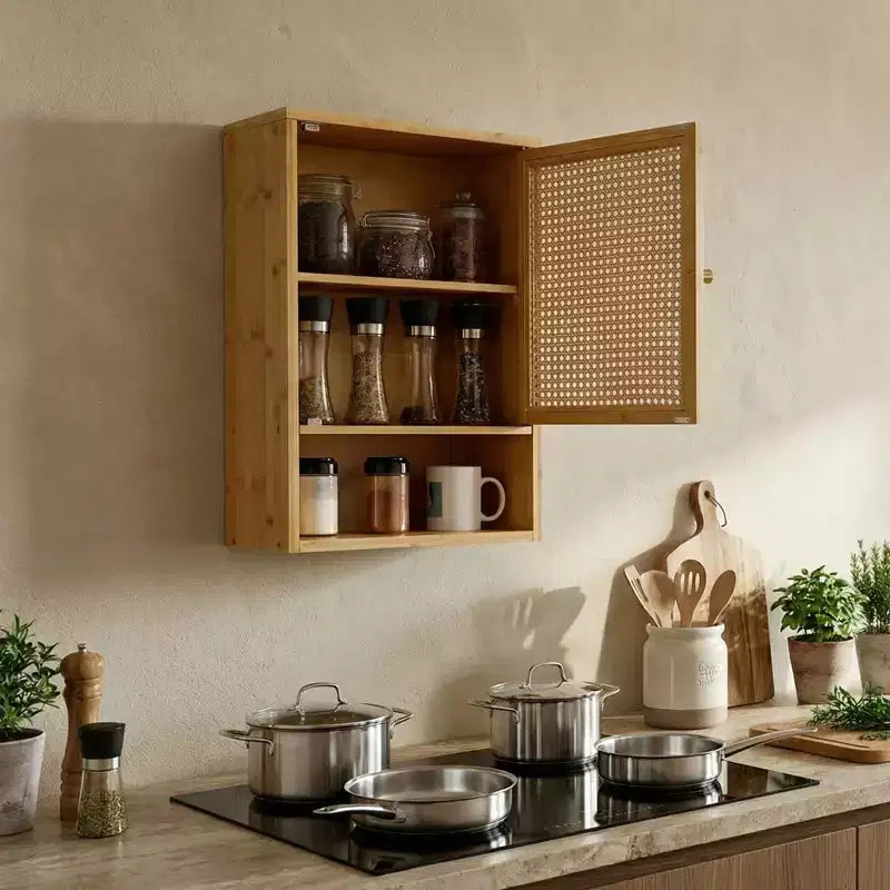 Mobiletto da parete in bambù naturale/bianco con ante in rattan – Sopra il WC, monolocale