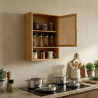 Mobiletto da parete in bambù naturale/bianco con ante in rattan – Sopra il WC, monolocale