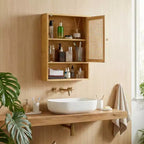 Mobiletto da parete in bambù naturale/bianco con ante in rattan – Sopra il WC, monolocale