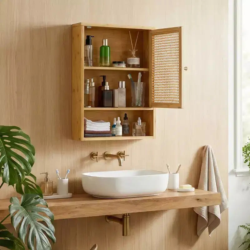Mobiletto da parete in bambù naturale/bianco con ante in rattan – Sopra il WC, monolocale