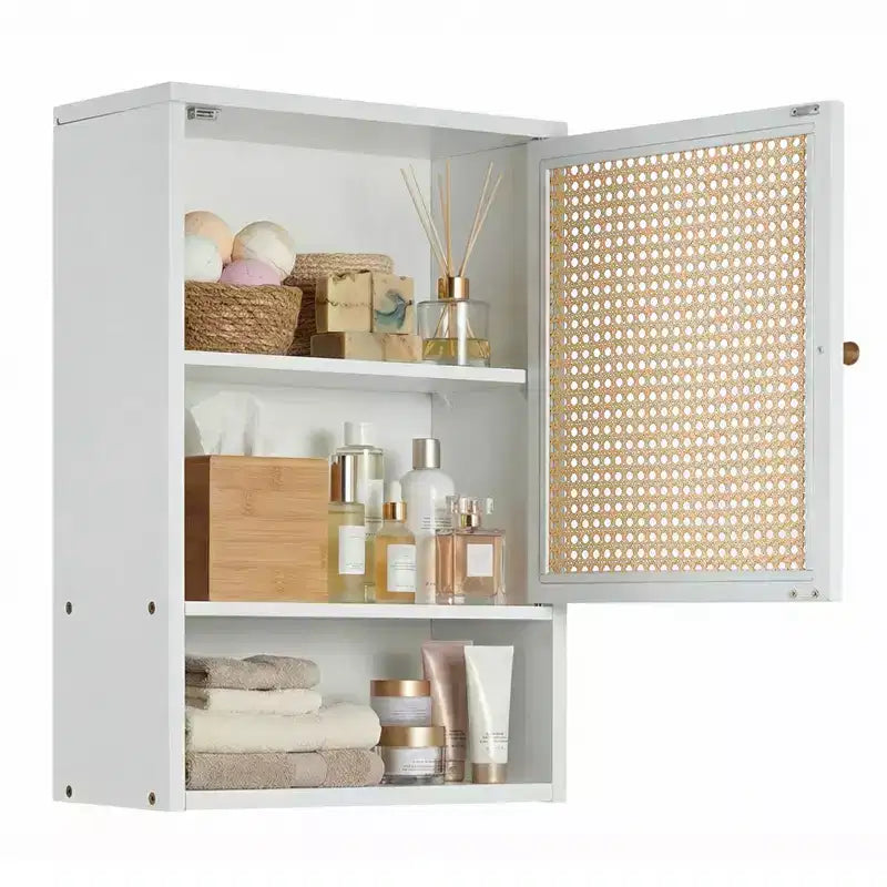 Mobiletto da parete in bambù naturale/bianco con ante in rattan – Sopra il WC, monolocale