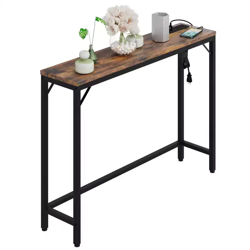 Consolle stretta da 99 cm con stazione di ricarica, marrone e nero, stile industriale