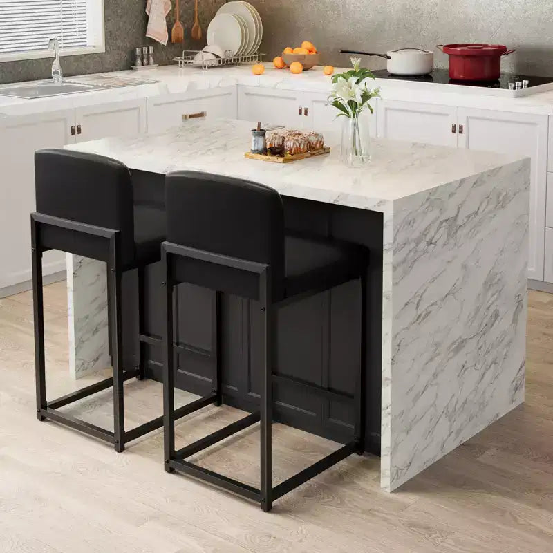 Modern Counter Height Bar Stools Set of 2, Black Faux Leather Upholstered Chairs with Backrest and Sturdy Metal Legs for Kitchen Island and Home Bar