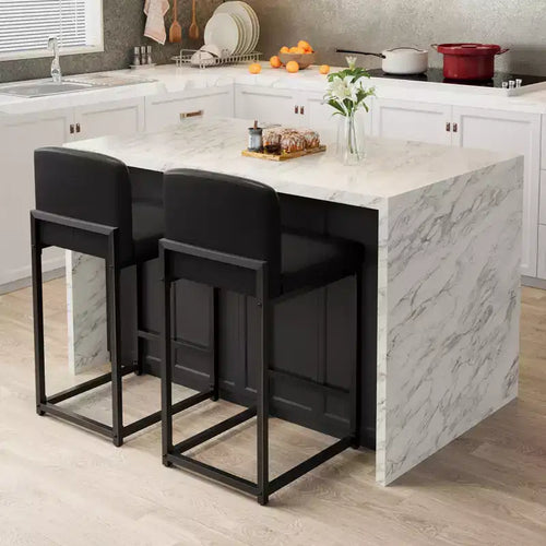 Modern Counter Height Bar Stools Set of 2, Black Faux Leather Upholstered Chairs with Backrest and Sturdy Metal Legs for Kitchen Island and Home Bar