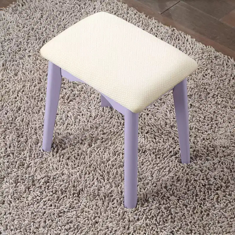 Moderna toeletta trucco con specchio rotondo, contenitori organizzati, sgabello abbinato per camera da letto, finitura viola, design salvaspazio