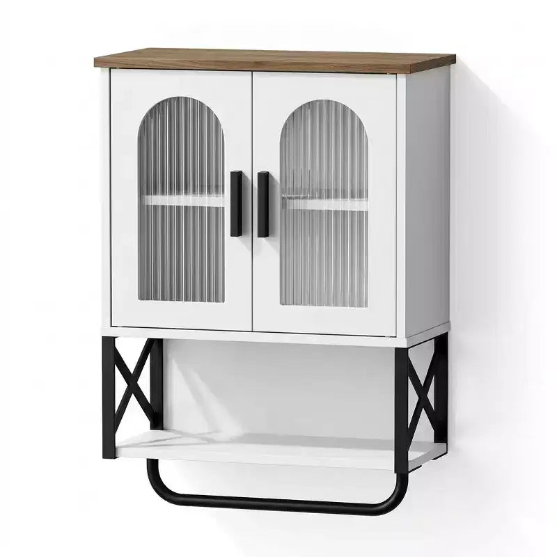 Dcolora Bathroom Wall Cabinet with Adjustable Shelf, Towel Bar, 2 Glass Doors