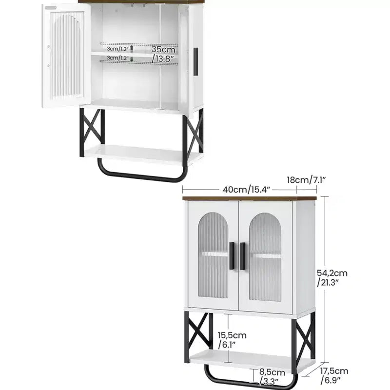 Mobiletto da parete da fattoria bianco, 2 ante in vetro, singolo