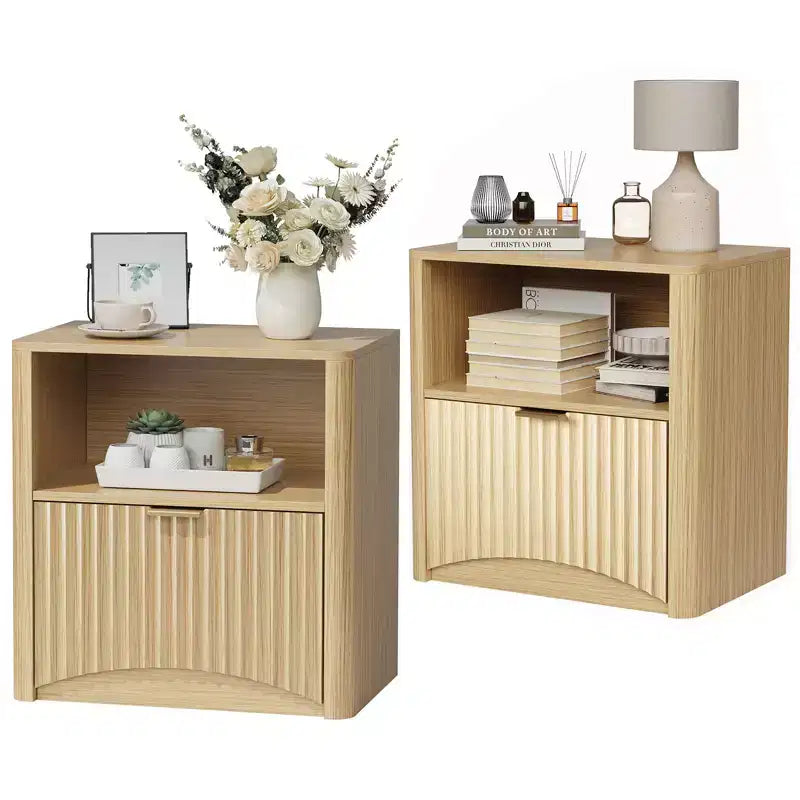 Comodino scanalato in rovere naturale con cassetto, per 1 persona, set da 2