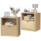 Comodino scanalato in rovere naturale con cassetto, per 1 persona, set da 2