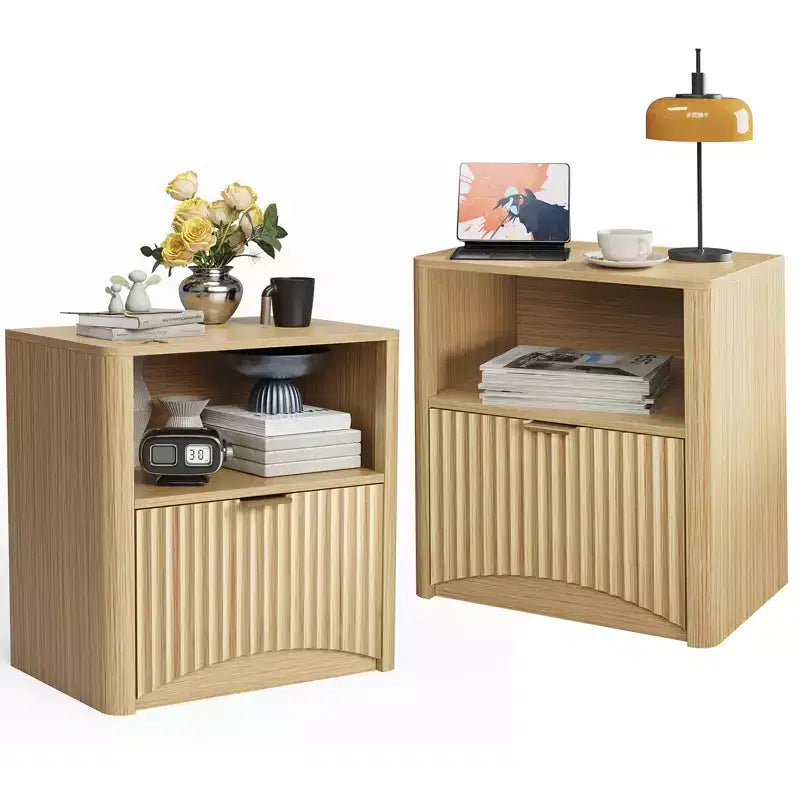 Comodino scanalato in rovere naturale con cassetto, per 1 persona, set da 2