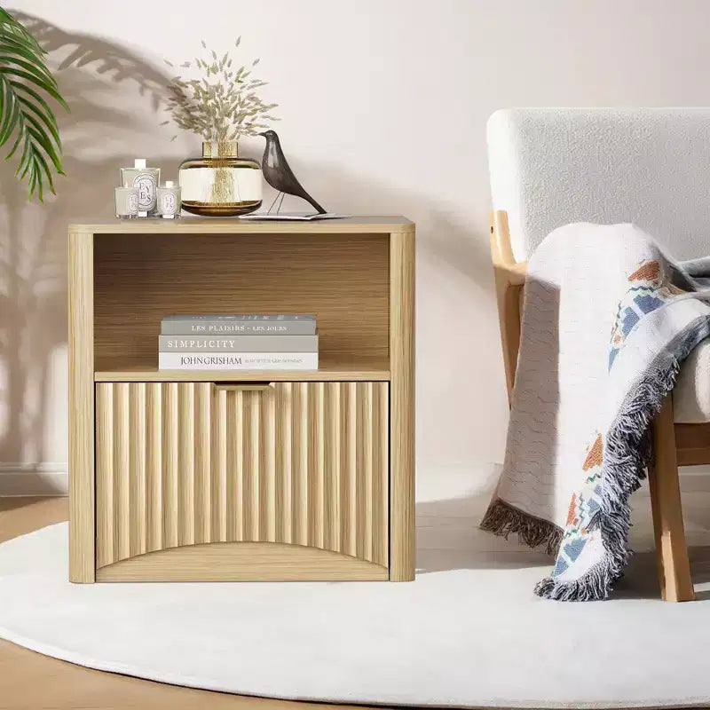 Comodino scanalato in rovere naturale con cassetto, per 1 persona, set da 2