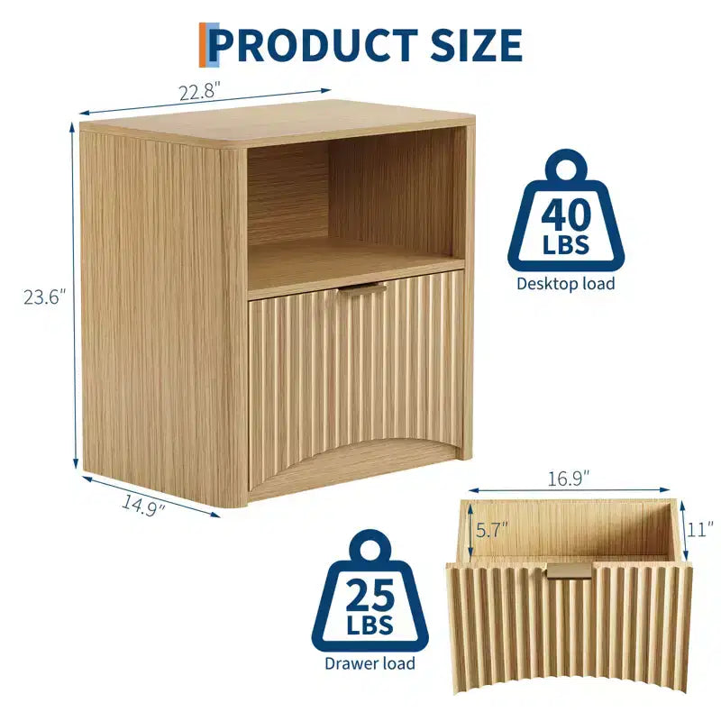 Comodino scanalato in rovere naturale con cassetto, per 1 persona, set da 2