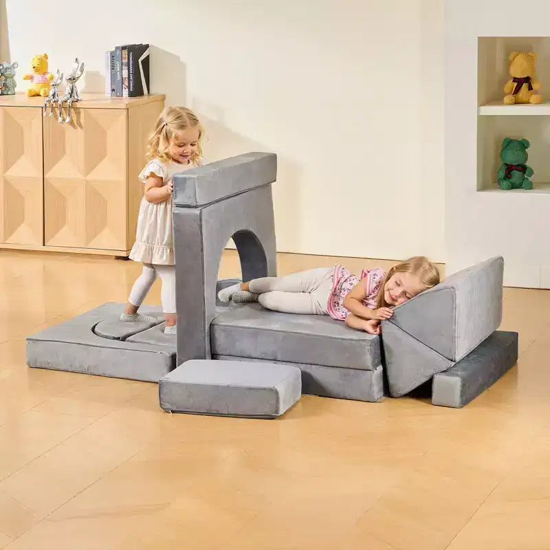 Divano Sezionale Modulare Grigio per Bambini con Braccioli, 14 Pz, Fino a 6 Bambini