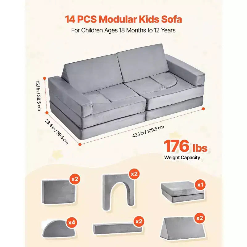 Divano Sezionale Modulare Grigio per Bambini con Braccioli, 14 Pz, Fino a 6 Bambini