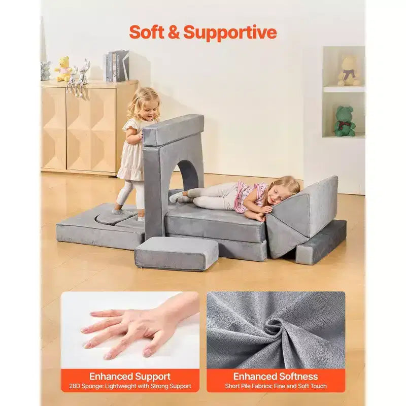 Divano Sezionale Modulare Grigio per Bambini con Braccioli, 14 Pz, Fino a 6 Bambini
