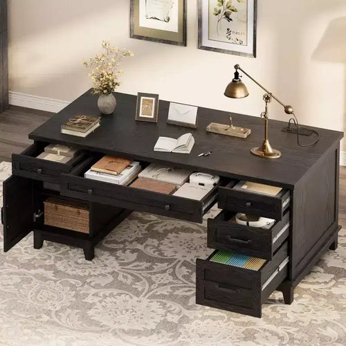 60 Executive Desk with Drawers, Home Office Desk with Charging Station, Wooden Computer Writing Desk for Study, Conference Table for Living Room