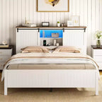Farmhouse Bed Frame with Storage Bookcase Headboard, LED Lights, Charging Station, 2 Sliding Barn Doors, No Box Spring Needed, White+Walnut