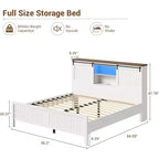 Letto a piattaforma in stile rustico, colore bianco e noce, con testiera contenitore, luci LED e stazione di ricarica – Matrimoniale/Queen
