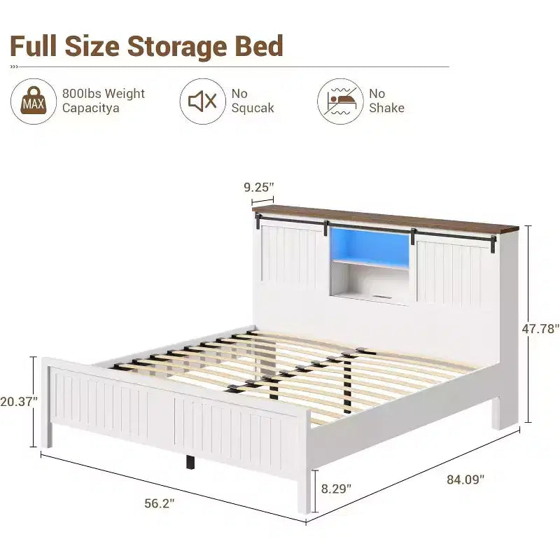 Letto a piattaforma in stile rustico, colore bianco e noce, con testiera contenitore, luci LED e stazione di ricarica – Matrimoniale/Queen