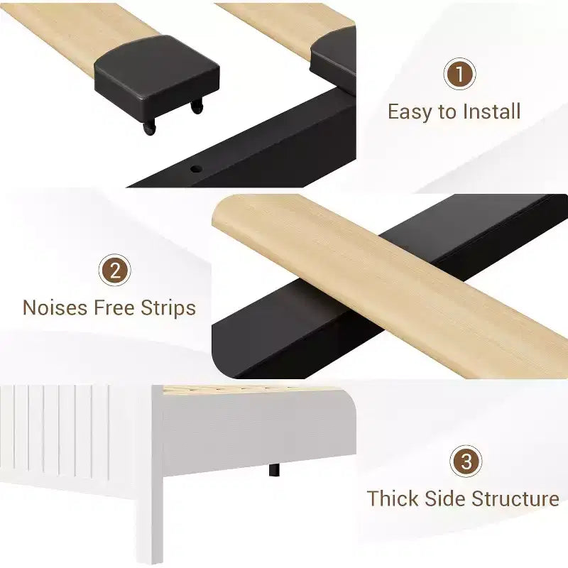 Letto a piattaforma in stile rustico, colore bianco e noce, con testiera contenitore, luci LED e stazione di ricarica – Matrimoniale/Queen