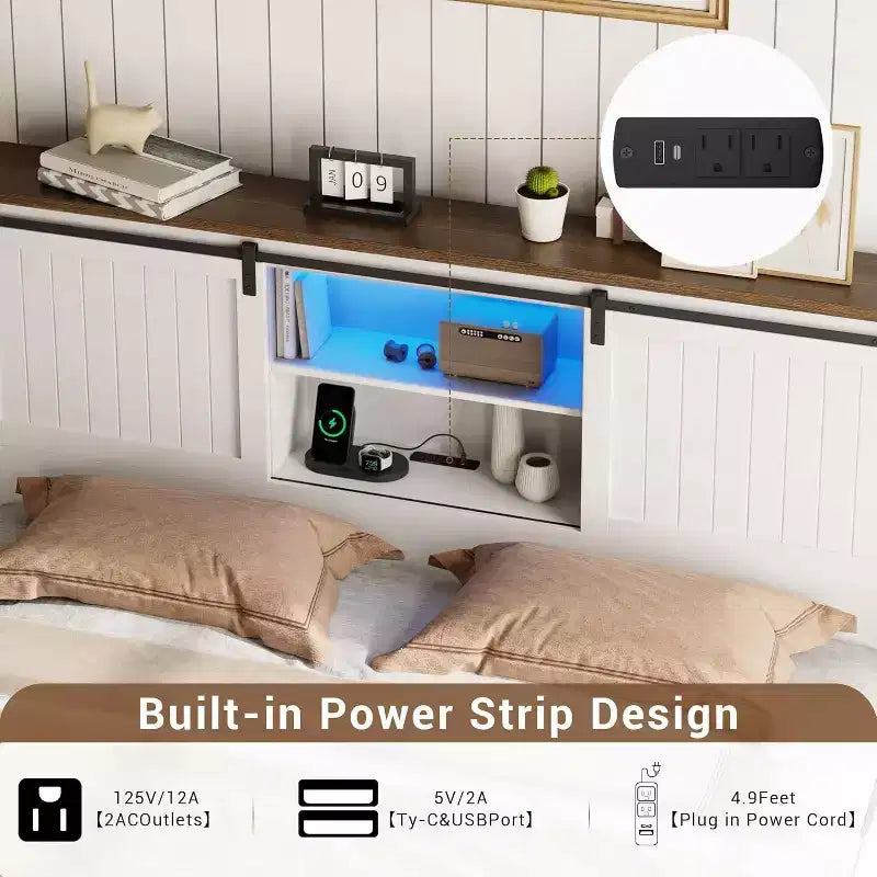 Letto a piattaforma in stile rustico, colore bianco e noce, con testiera contenitore, luci LED e stazione di ricarica – Matrimoniale/Queen