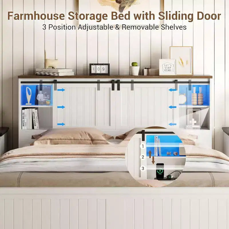Letto a piattaforma in stile rustico, colore bianco e noce, con testiera contenitore, luci LED e stazione di ricarica – Matrimoniale/Queen
