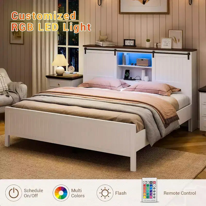 Letto a piattaforma in stile rustico, colore bianco e noce, con testiera contenitore, luci LED e stazione di ricarica – Matrimoniale/Queen