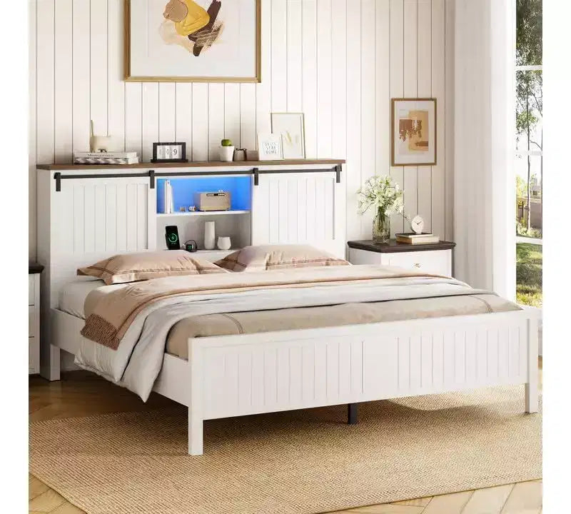 Letto a piattaforma in stile rustico, colore bianco e noce, con testiera contenitore, luci LED e stazione di ricarica – Matrimoniale/Queen