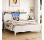 Letto a piattaforma in stile rustico, colore bianco e noce, con testiera contenitore, luci LED e stazione di ricarica – Matrimoniale/Queen