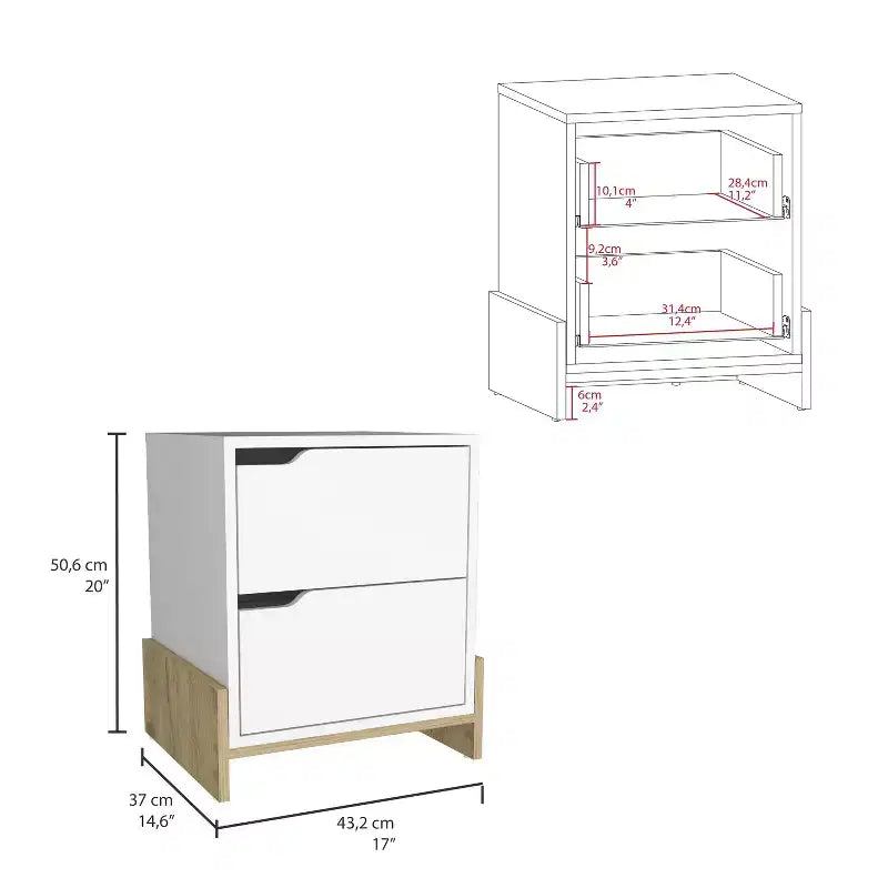 Comodino a 2 cassetti in legno bianco, singolo