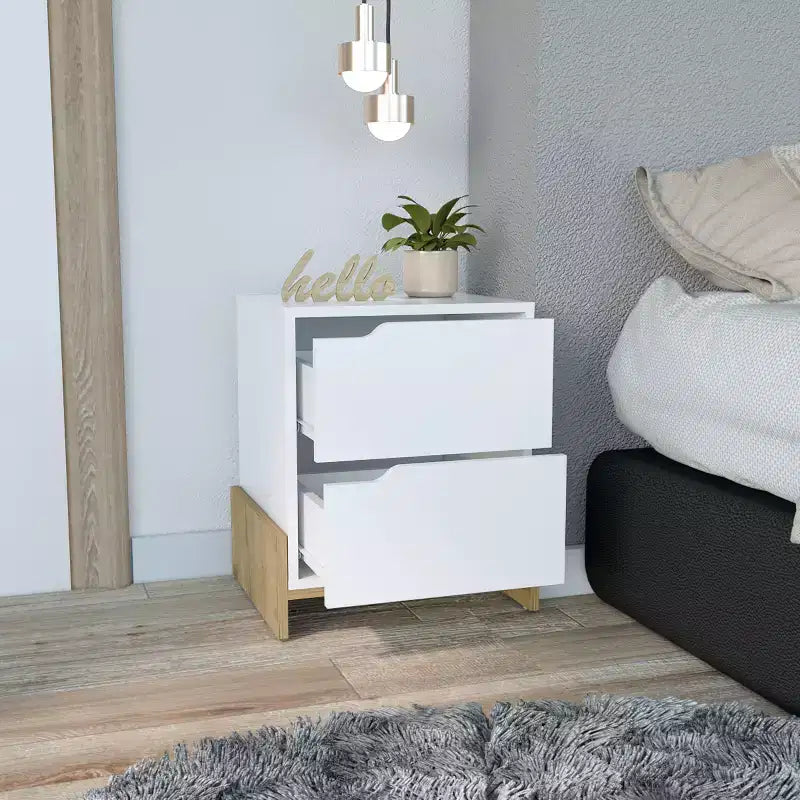 Comodino a 2 cassetti in legno bianco, singolo