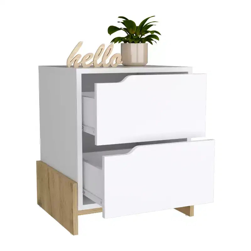 Comodino a 2 cassetti in legno bianco, singolo
