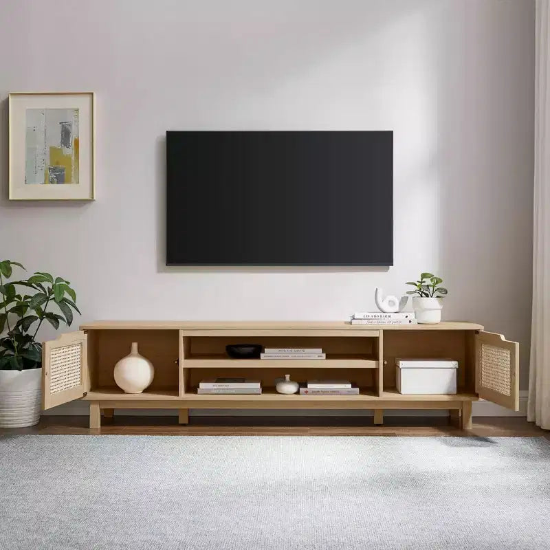 Mobile TV Quercia Coastal con Ante in Rattan, Stile a 2 Armadietti, Adatto per TV fino a 80"