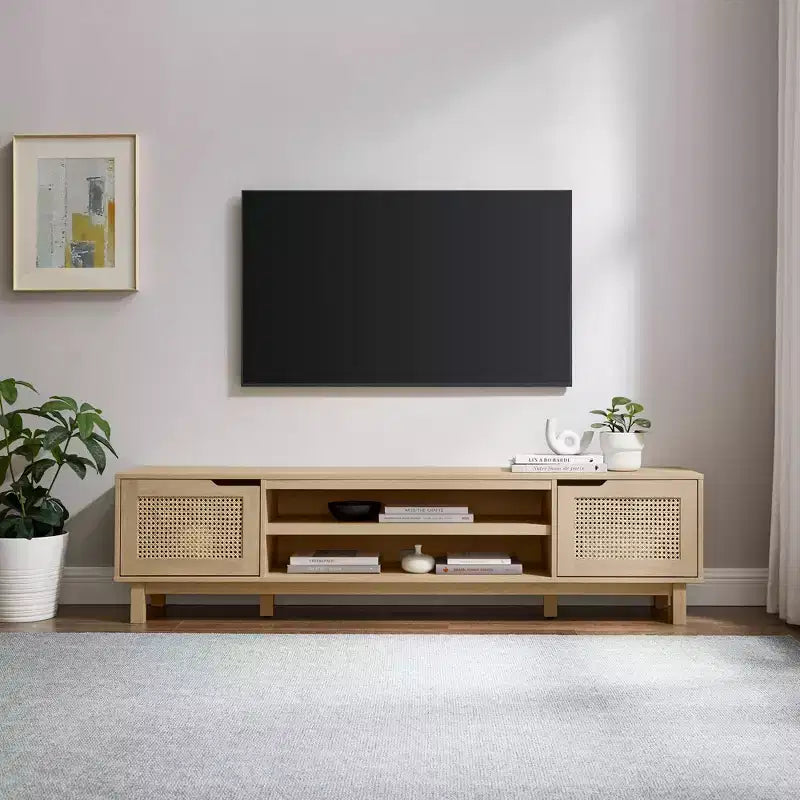 Mobile TV Quercia Coastal con Ante in Rattan, Stile a 2 Armadietti, Adatto per TV fino a 80"