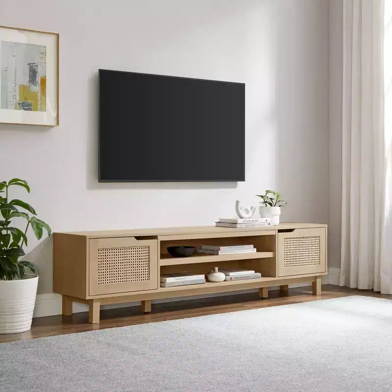Mobile TV Quercia Coastal con Ante in Rattan, Stile a 2 Armadietti, Adatto per TV fino a 80"