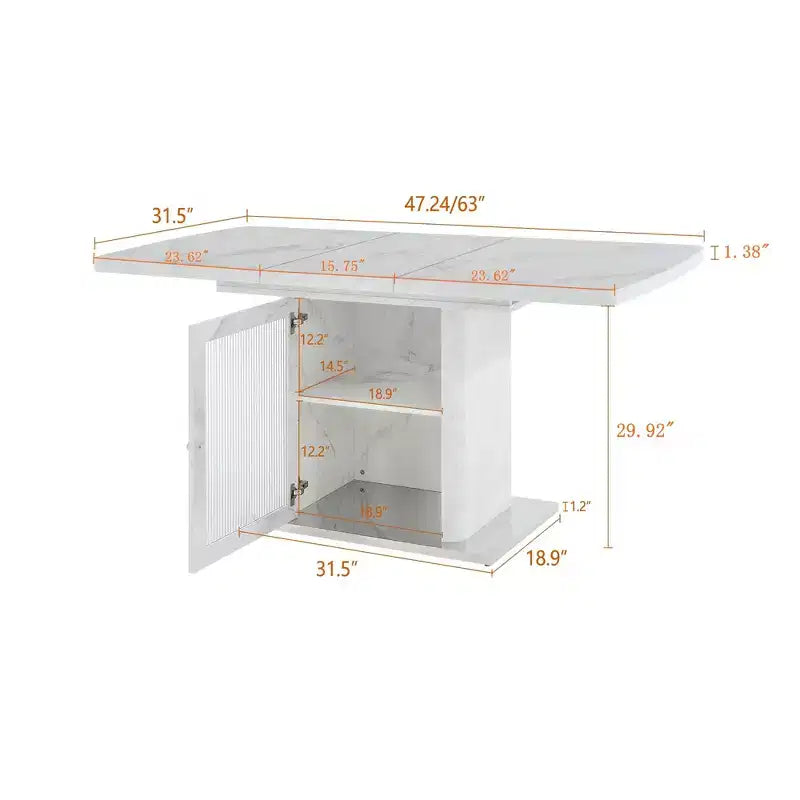 Tavolo da Pranzo Rettangolare Allungabile Bianco/Nero con Piano Effetto Marmo e Contenitore, per 4–6 persone