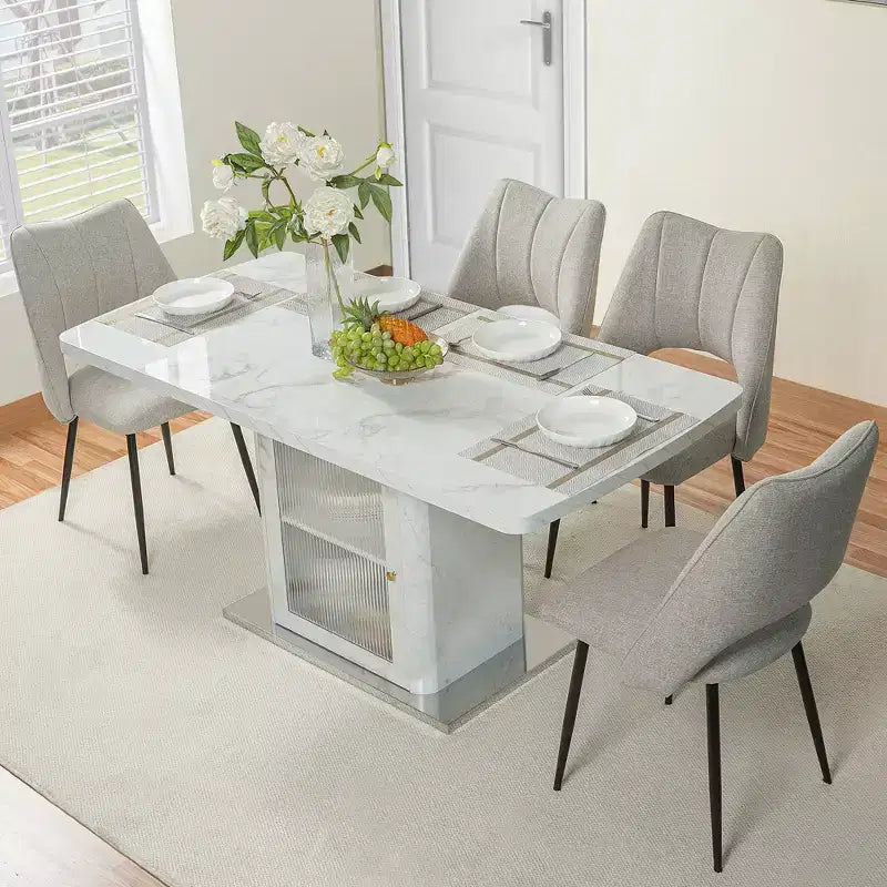 Tavolo da Pranzo Rettangolare Allungabile Bianco/Nero con Piano Effetto Marmo e Contenitore, per 4–6 persone