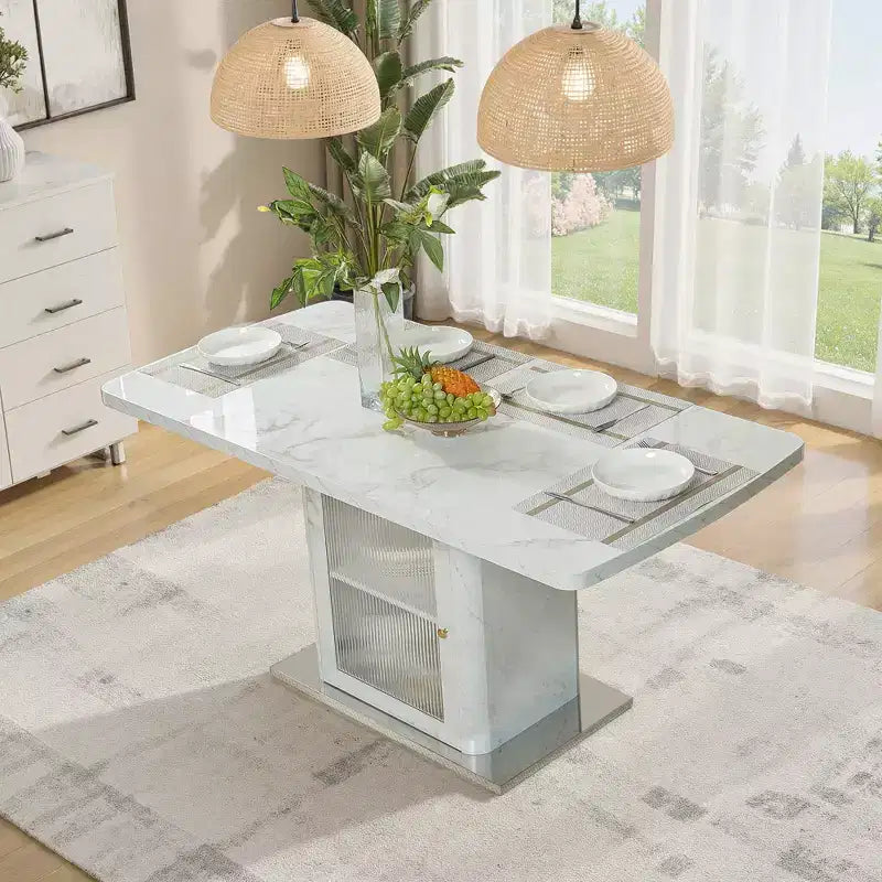 Tavolo da Pranzo Rettangolare Allungabile Bianco/Nero con Piano Effetto Marmo e Contenitore, per 4–6 persone