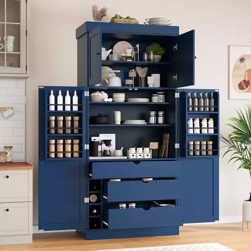 Mobile dispensa da cucina a colonna nero/blu/bianco, mobile indipendente con portabottiglie, per 1