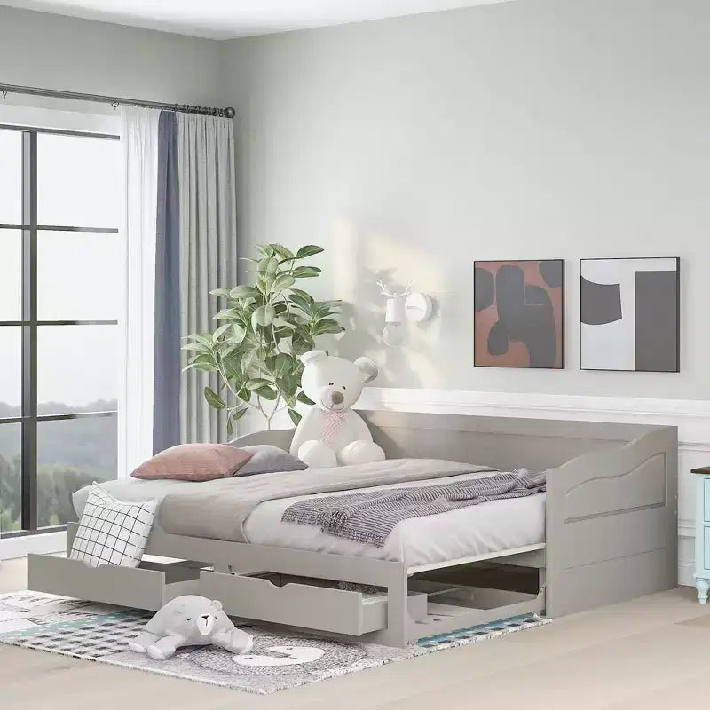 Lettino da giorno allungabile Twin grigio in legno con 2 cassetti, per 1-2 persone