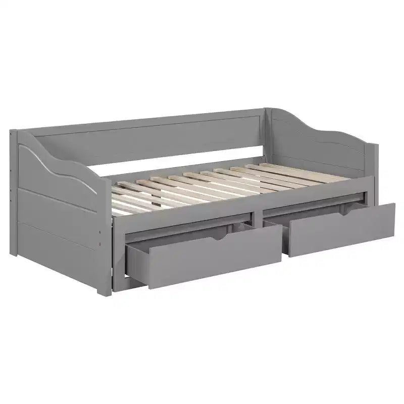 Lettino da giorno allungabile Twin grigio in legno con 2 cassetti, per 1-2 persone