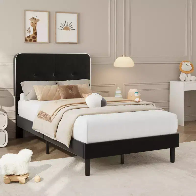 Struttura Letto con Piattaforma Rivestita in Velluto e Testiera Regolabile – Bordo Bianco e Nero / Singolo (1 Persona)