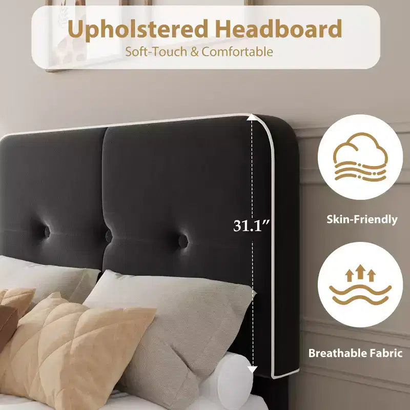 Struttura Letto con Piattaforma Rivestita in Velluto e Testiera Regolabile – Bordo Bianco e Nero / Singolo (1 Persona)