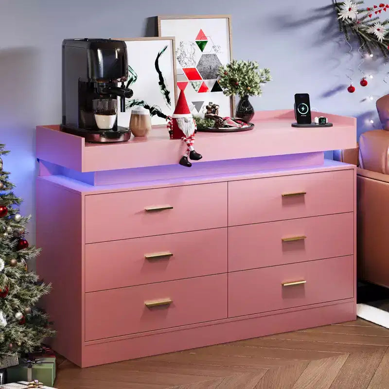 Mobiletto da Caffè a 6 Cassetti Nero / Rosa / Bianco con Luci LED e Stazione di Ricarica, Piano Fluttuante, Utente Singolo