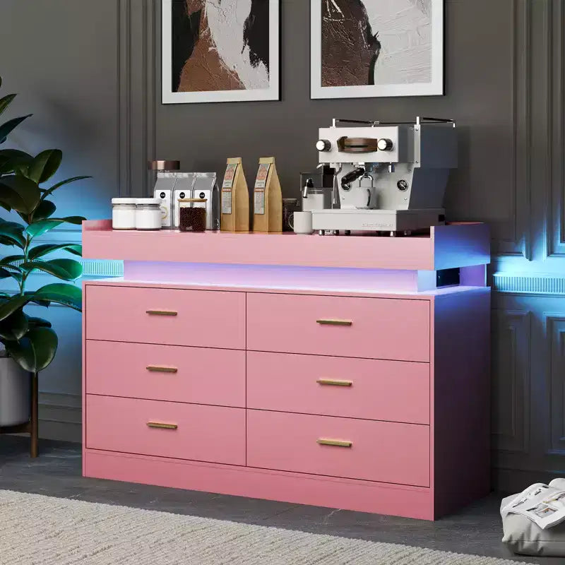 Mobiletto da Caffè a 6 Cassetti Nero / Rosa / Bianco con Luci LED e Stazione di Ricarica, Piano Fluttuante, Utente Singolo