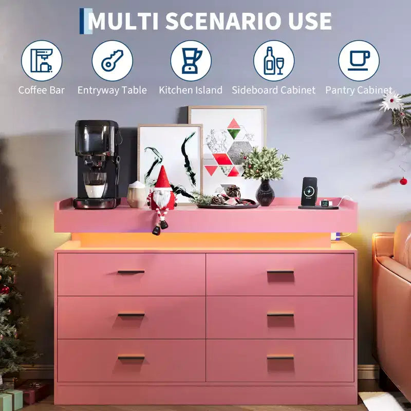 Mobiletto da Caffè a 6 Cassetti Nero / Rosa / Bianco con Luci LED e Stazione di Ricarica, Piano Fluttuante, Utente Singolo