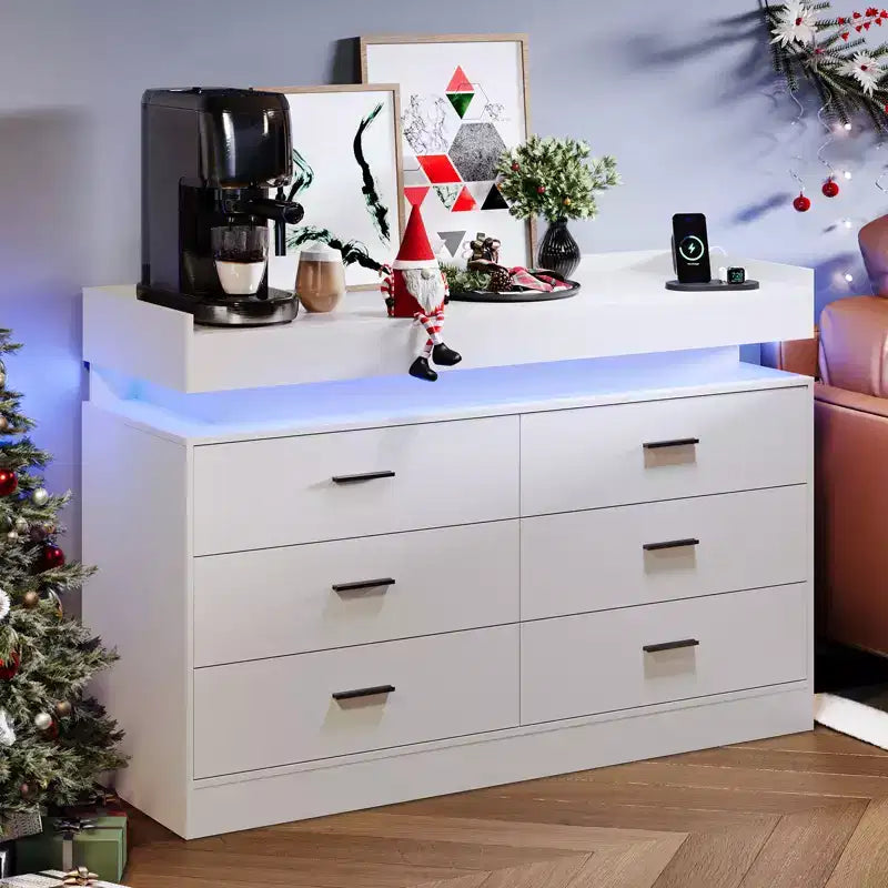 Mobiletto da Caffè a 6 Cassetti Nero / Rosa / Bianco con Luci LED e Stazione di Ricarica, Piano Fluttuante, Utente Singolo